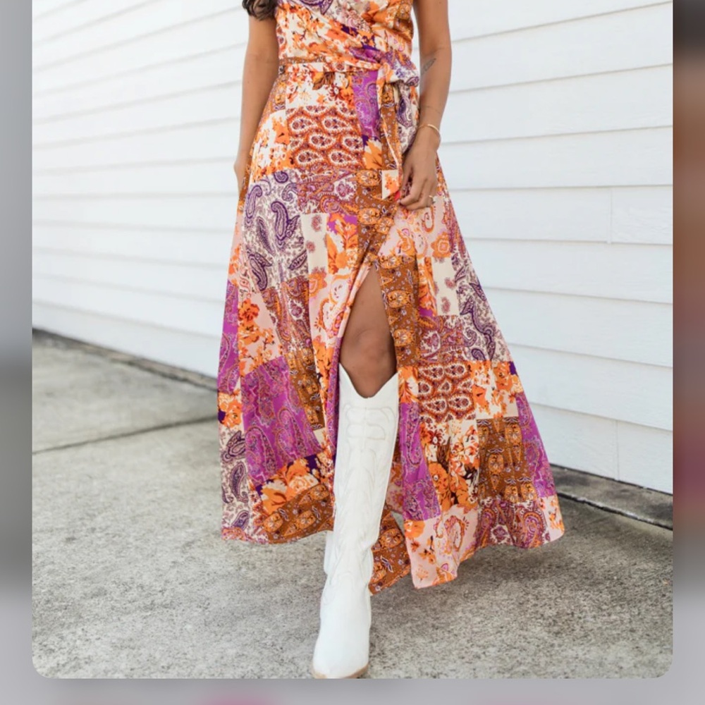 Boho Patchwork Maxi Skirt in Orange & Purple